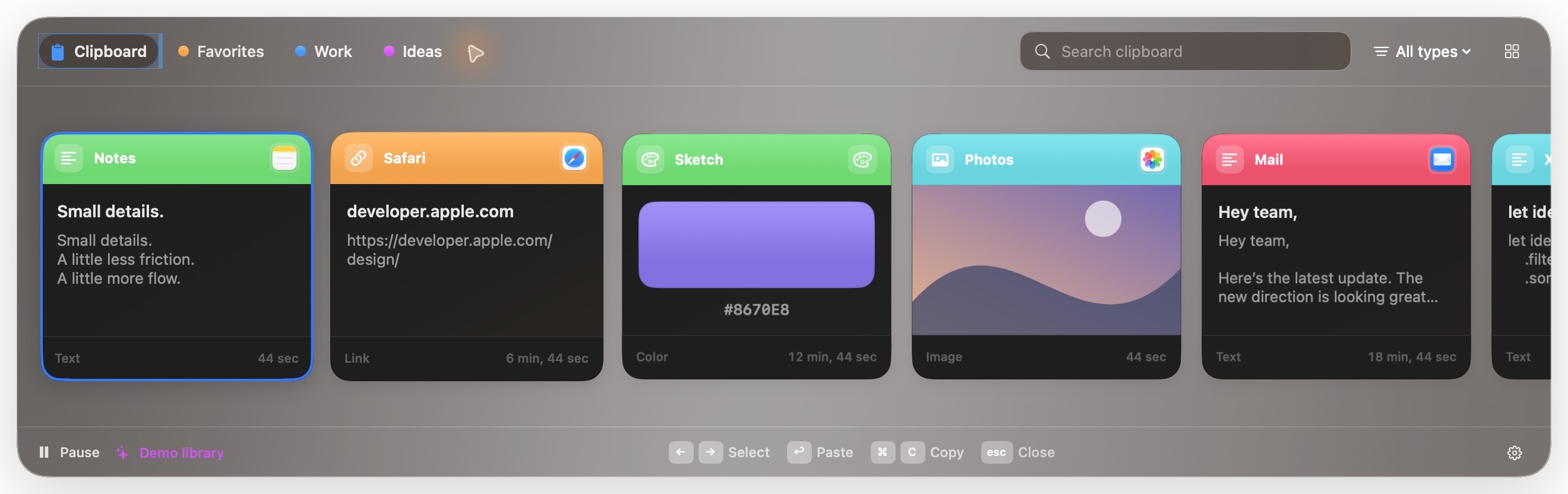 Pastrix’s translucent shelf with clips from Notes, Safari, Sketch, Photos, and Mail